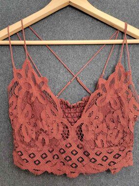FP One Adella Bralette Copper Brown Crochet Lace Crisscrossing Straps Crop Top